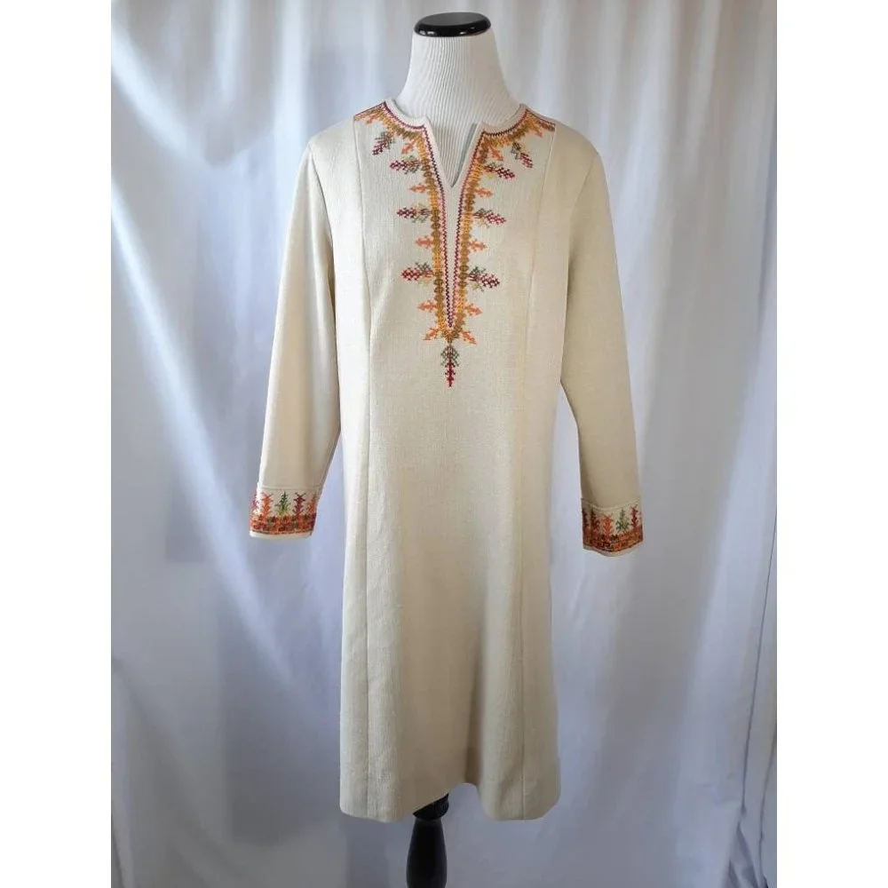 Vtg 60s 70s Berkshire B Tween Fall Embroidered Hippy Boho Shift Midi Dress - Picture 10 of 10